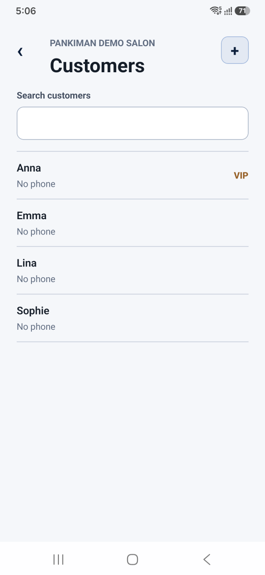 The customer list with a search box, each entry showing the name, contact line and VIP marker.
