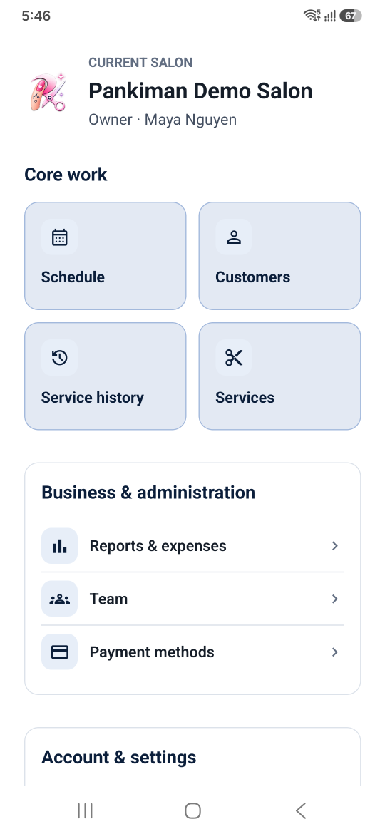 The Pankiman home screen, listing Schedule, Customers, Service history and Services under Core work.