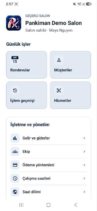 Pankiman ana ekranı: Günlük işler altında Randevular, Müşteriler, İşlem geçmişi ve Hizmetler.