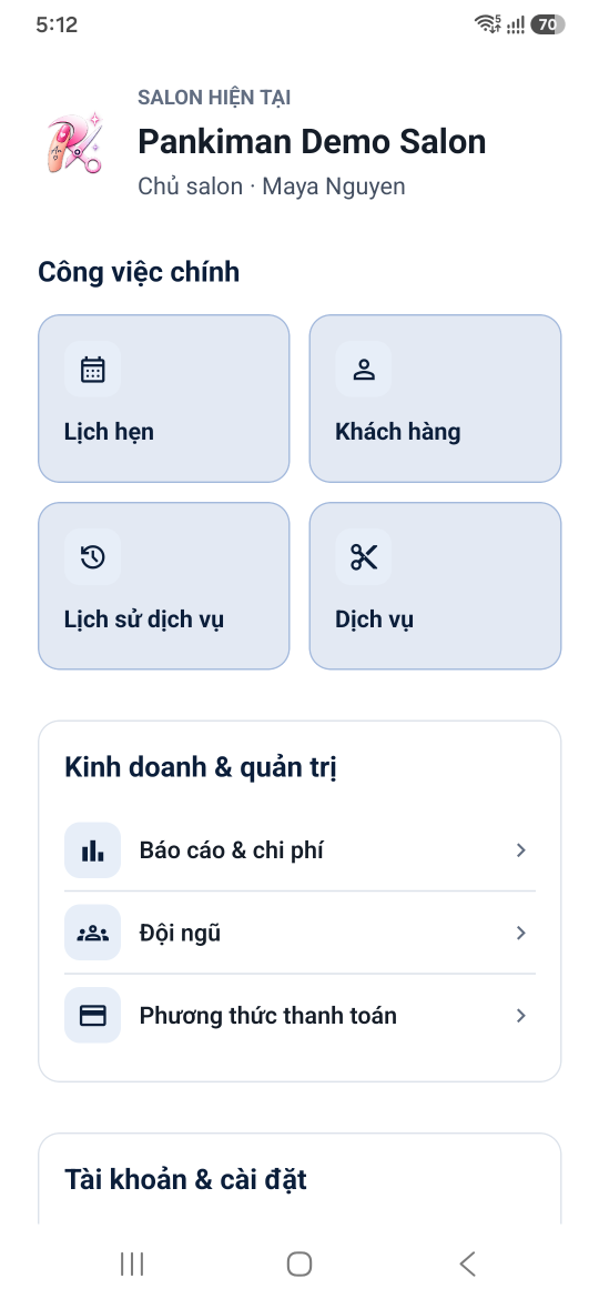 Màn hình tổng quan salon Pankiman với các mục Lịch hẹn, Khách hàng, Lịch sử dịch vụ và Dịch vụ.